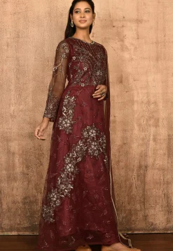 Embroidered Net Abaya Style Suit in Maroon