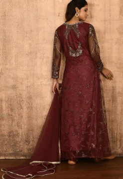 Embroidered Net Abaya Style Suit in Maroon