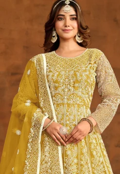 Embroidered Net Abaya Style Suit in Yellow