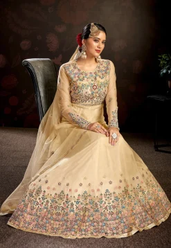 Embroidered Net Abaya Style Suit in Beige