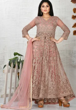 Embroidered Net Abaya Style Suit in Old Rose