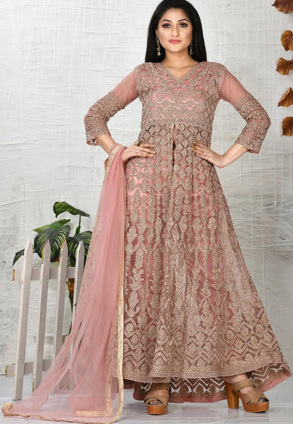 Embroidered Net Abaya Style Suit in Old Rose