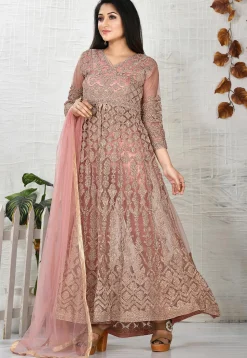Embroidered Net Abaya Style Suit in Old Rose