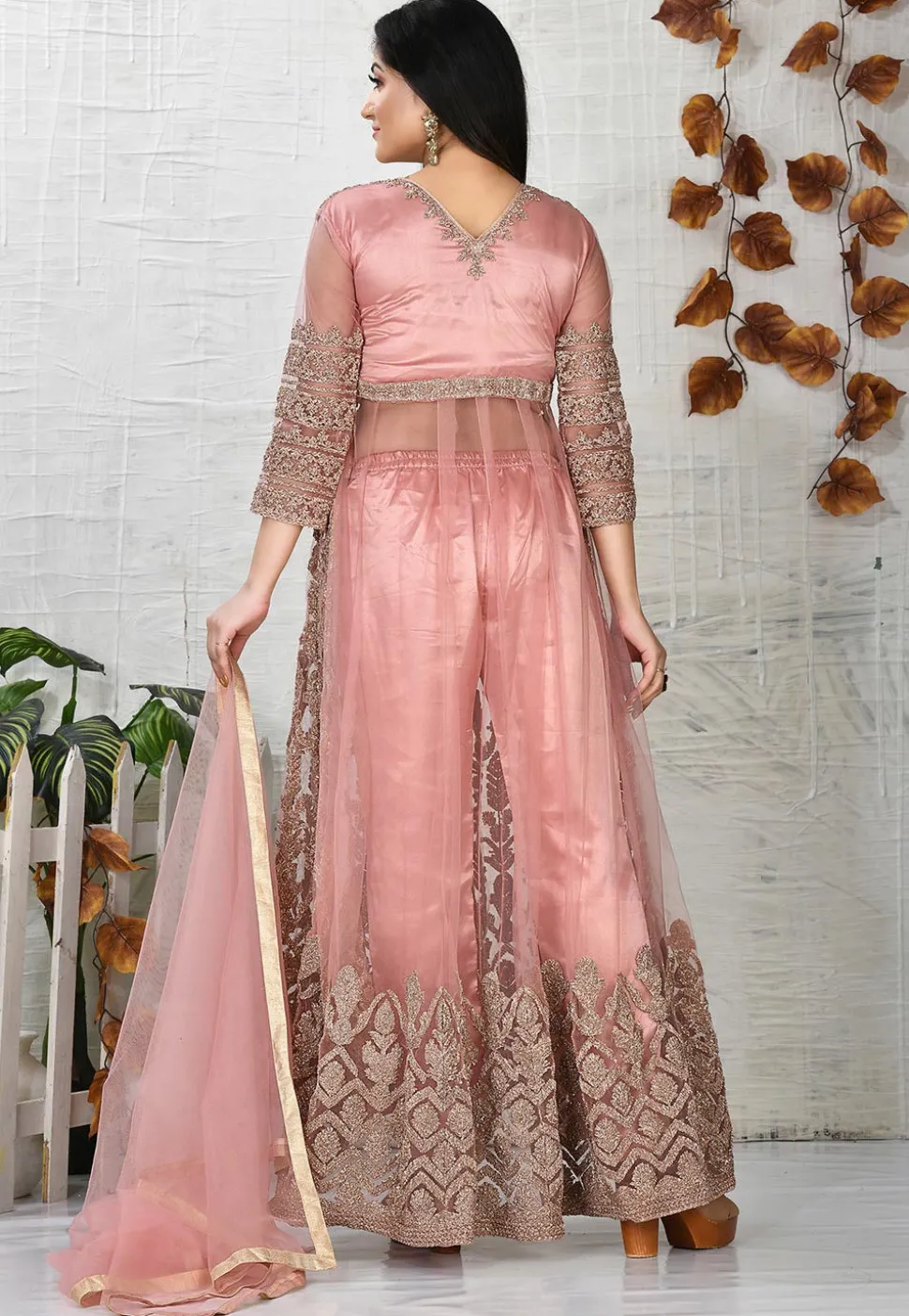 Embroidered Net Abaya Style Suit in Old Rose