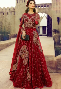 Embroidered Net Abaya Style Suit in Maroon