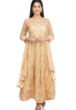 Embroidered Net Abaya Style Suit in Light Beige