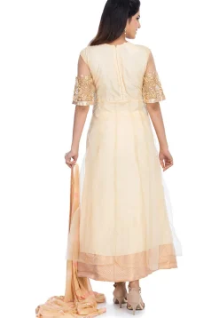 Embroidered Net Abaya Style Suit in Light Beige