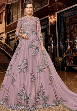 Embroidered Net Abaya Style Suit in Lilac