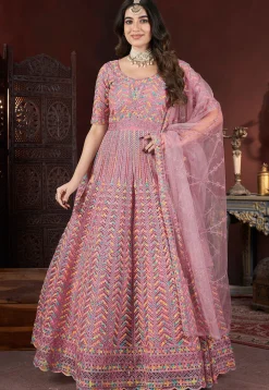 Embroidered Net Abaya Style Suit in Pink