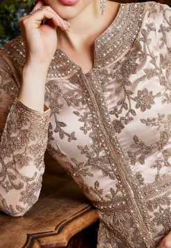 Embroidered Net Abaya Style Suit in Rose Gold