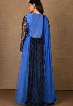 Embroidered Net Abaya Style Suit in Blue