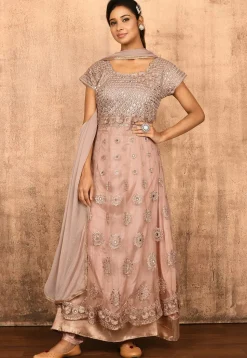 Embroidered Net Abaya Style Suit in Old Rose