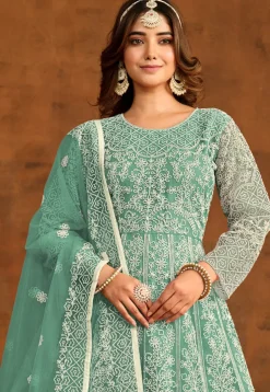 Embroidered Net Abaya Style Suit in Teal Green