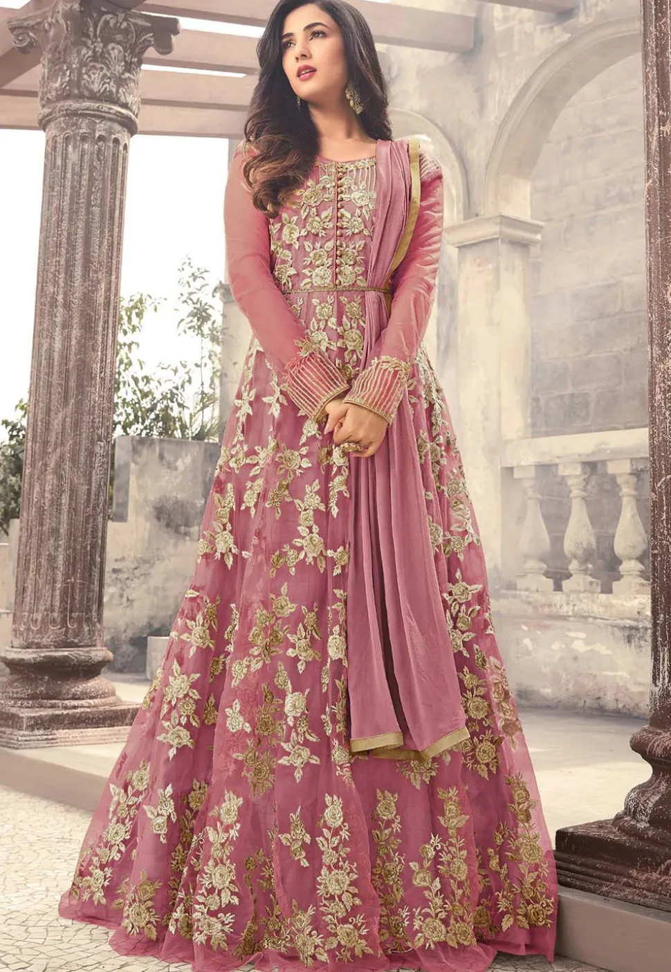 Embroidered Net Abaya Style Suit in Pink