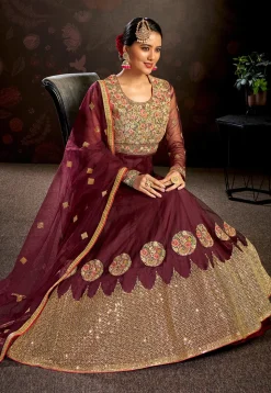 Embroidered Net Abaya Style Suit in Maroon