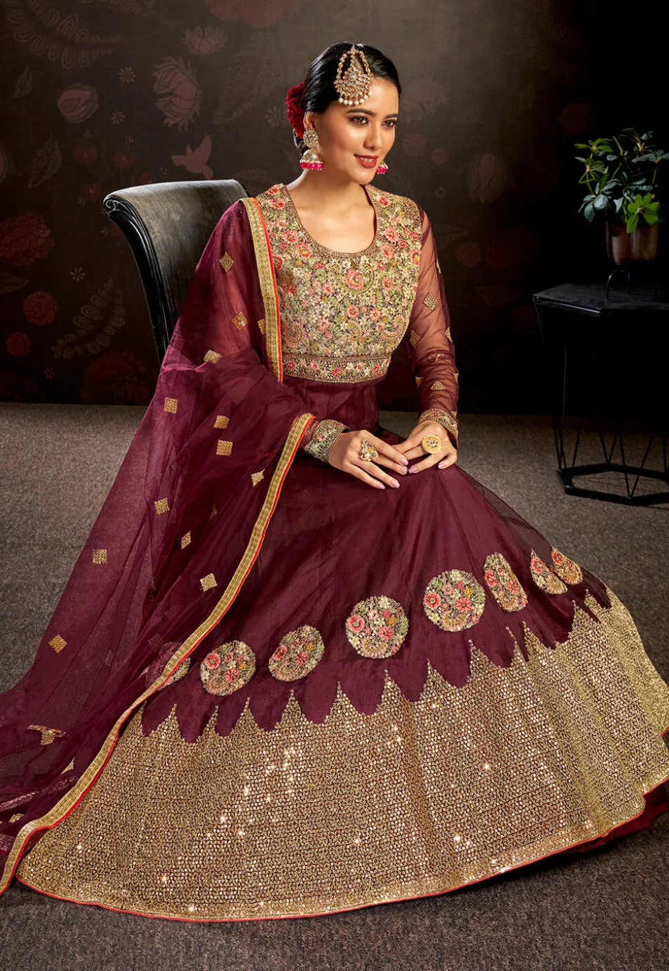 Embroidered Net Abaya Style Suit in Maroon