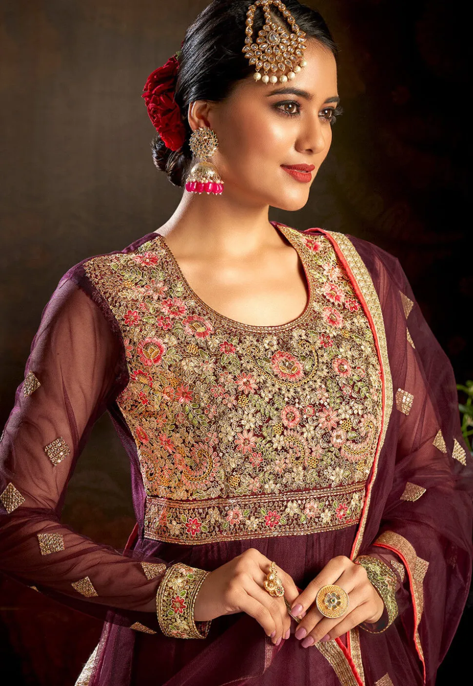Embroidered Net Abaya Style Suit in Maroon