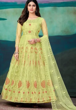 Embroidered Net Abaya Style Suit in Light Green