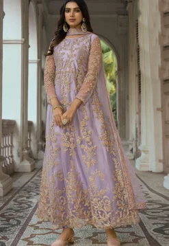 Embroidered Net Abaya Style Suit in Light Purple
