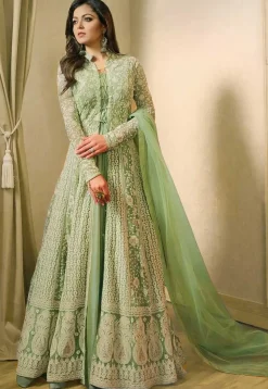 Embroidered Net Abaya Style Suit in Pastel Green