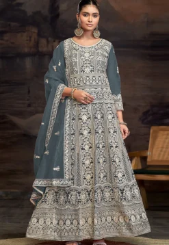 Embroidered Net Abaya Style Suit in Dusty Blue