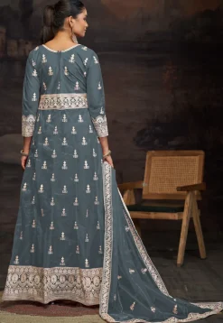 Embroidered Net Abaya Style Suit in Dusty Blue