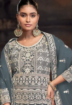 Embroidered Net Abaya Style Suit in Dusty Blue