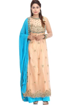 Embroidered Net Abaya Style Suit in Peach