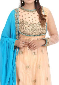 Embroidered Net Abaya Style Suit in Peach