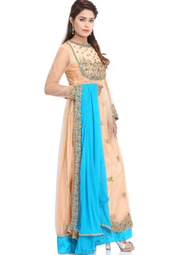 Embroidered Net Abaya Style Suit in Peach