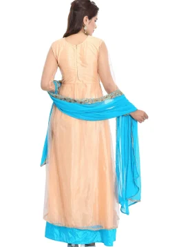 Embroidered Net Abaya Style Suit in Peach
