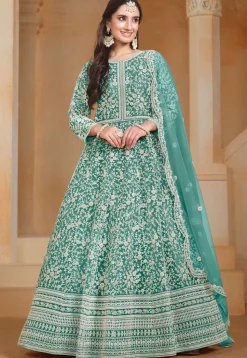 Embroidered Net Abaya Style Suit in Turquoise