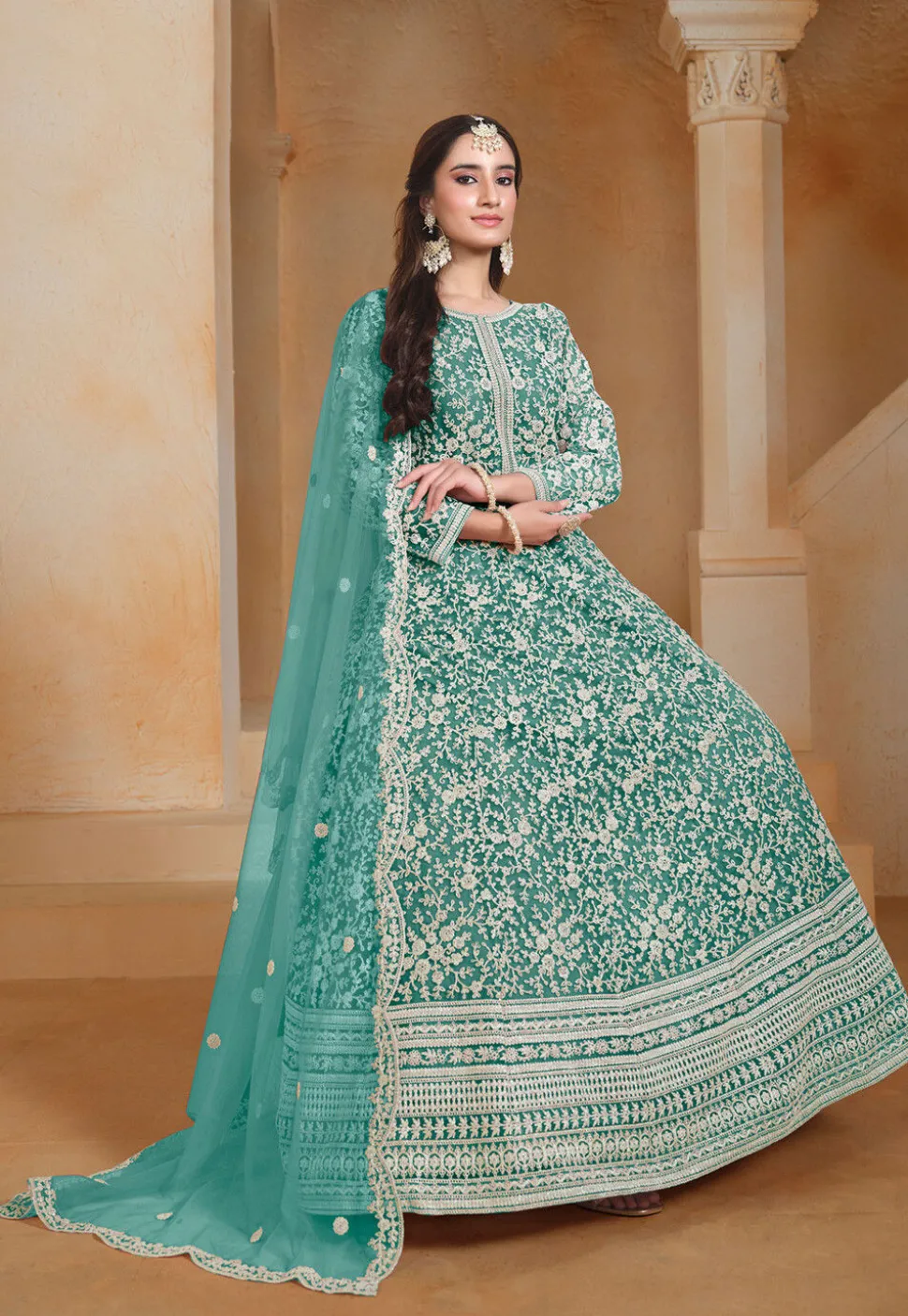 Embroidered Net Abaya Style Suit in Turquoise