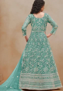 Embroidered Net Abaya Style Suit in Turquoise