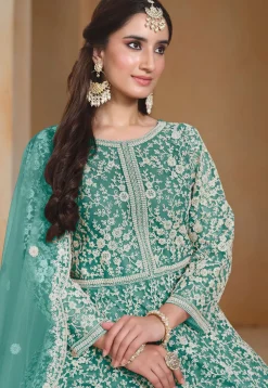 Embroidered Net Abaya Style Suit in Turquoise