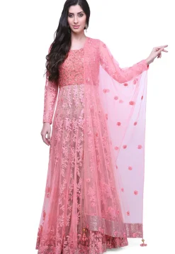 Embroidered Net Abaya Style Suit in Pink