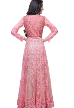 Embroidered Net Abaya Style Suit in Pink