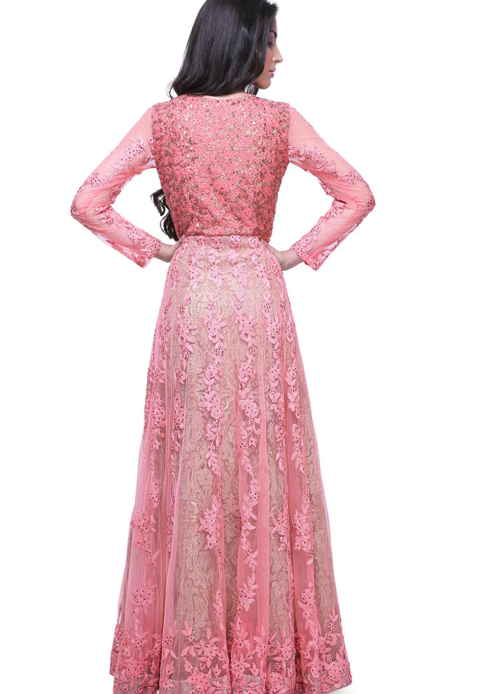 Embroidered Net Abaya Style Suit in Pink