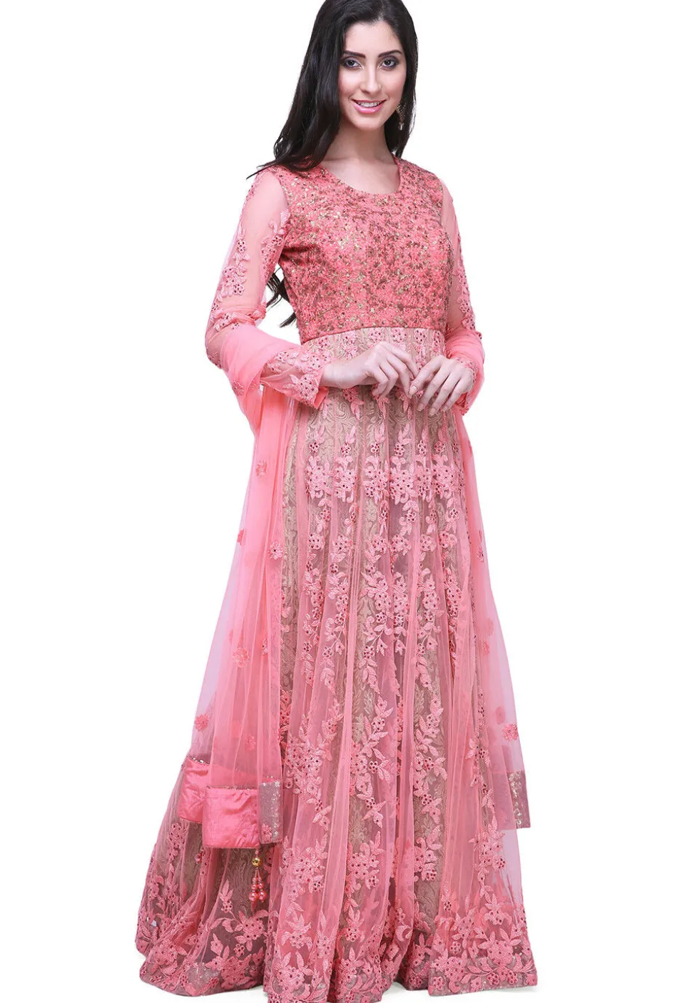 Embroidered Net Abaya Style Suit in Pink