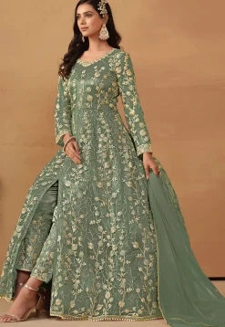 Embroidered Net Abaya Style Suit in Dusty Green