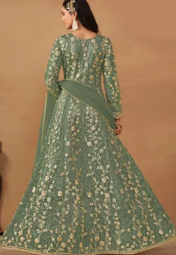 Embroidered Net Abaya Style Suit in Dusty Green