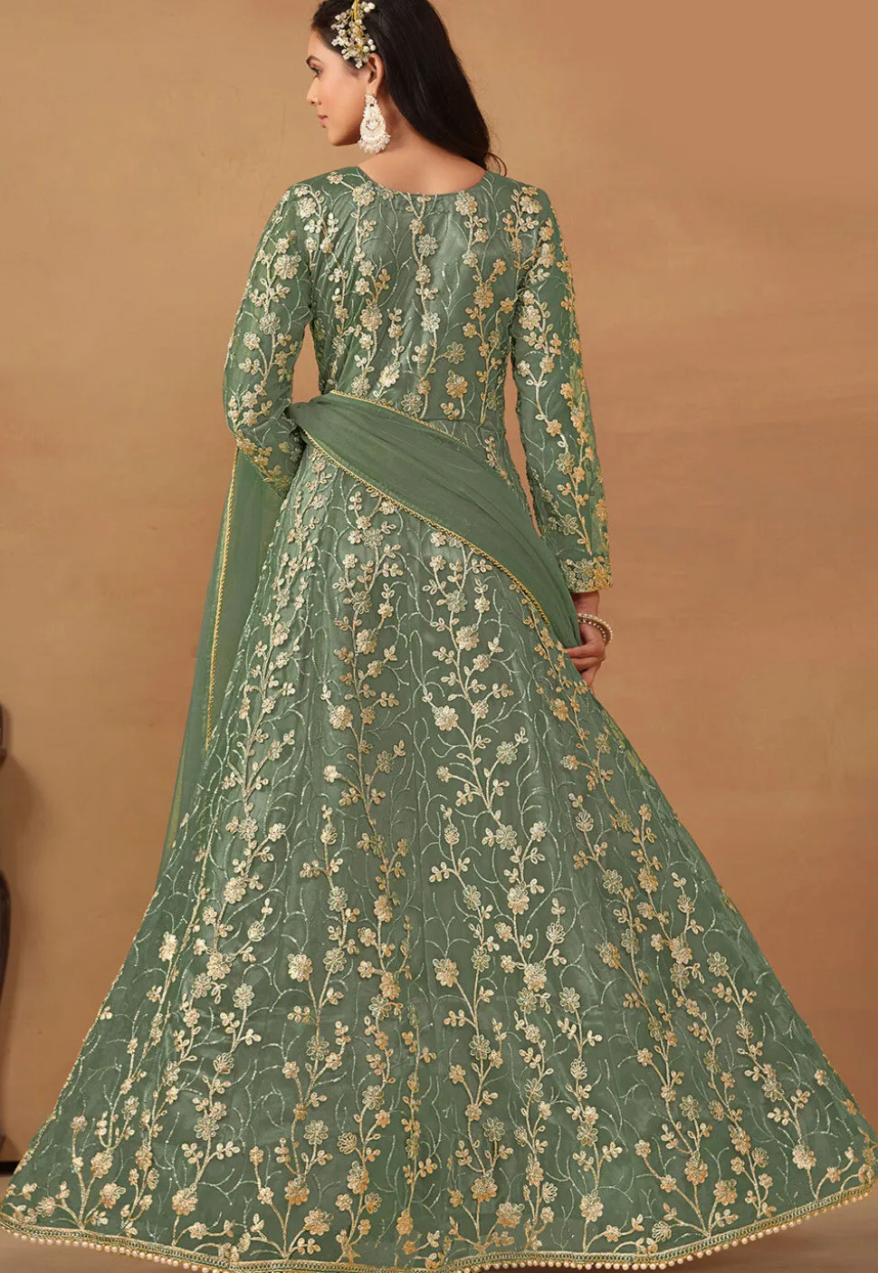 Embroidered Net Abaya Style Suit in Dusty Green