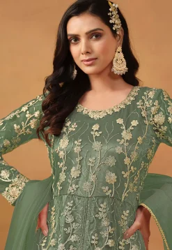 Embroidered Net Abaya Style Suit in Dusty Green