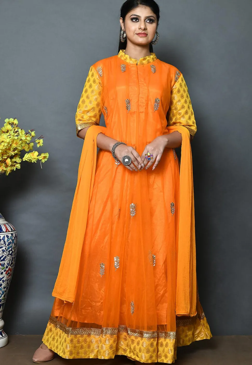 Embroidered Net Abaya Style Suit in Orange