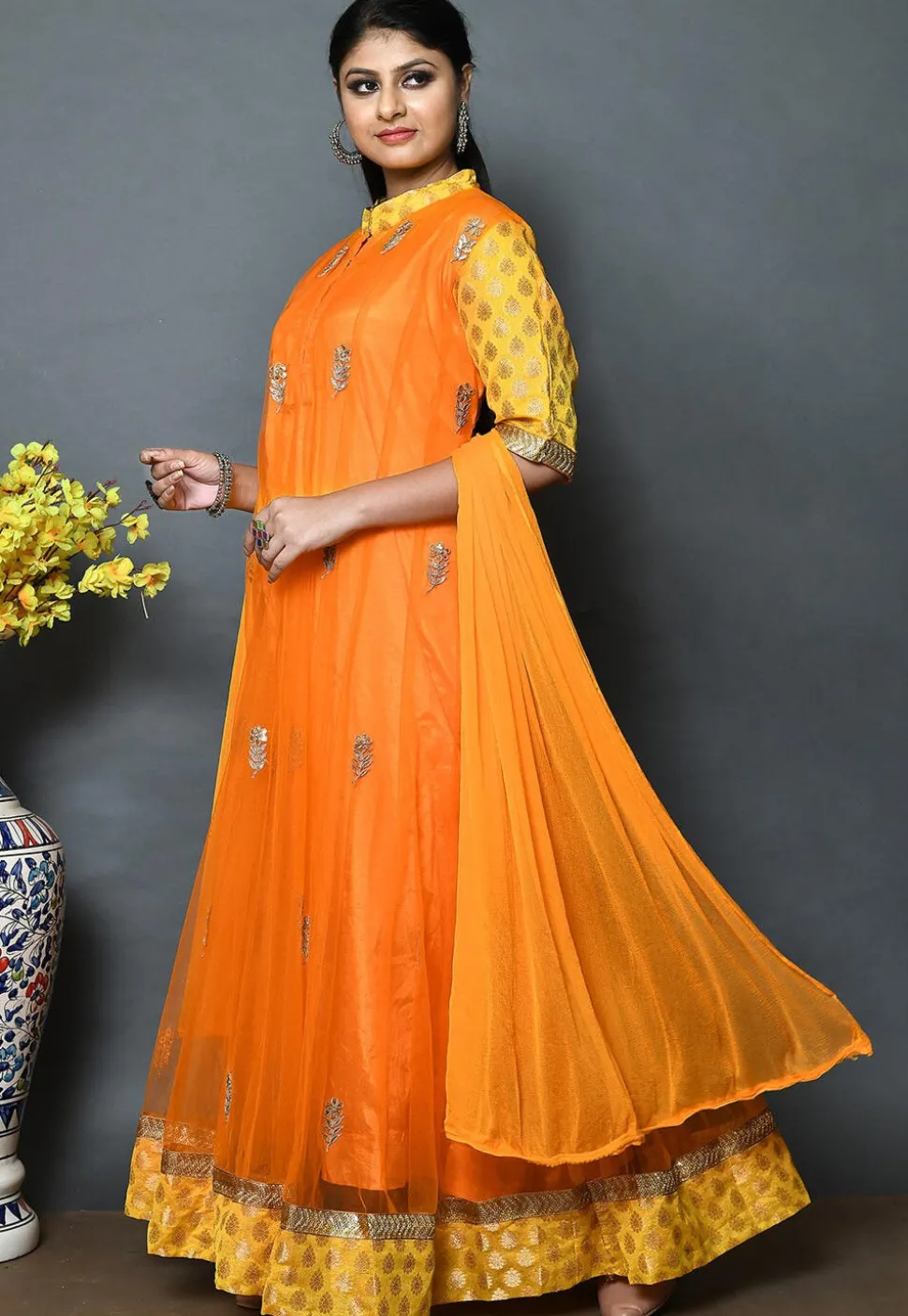Embroidered Net Abaya Style Suit in Orange