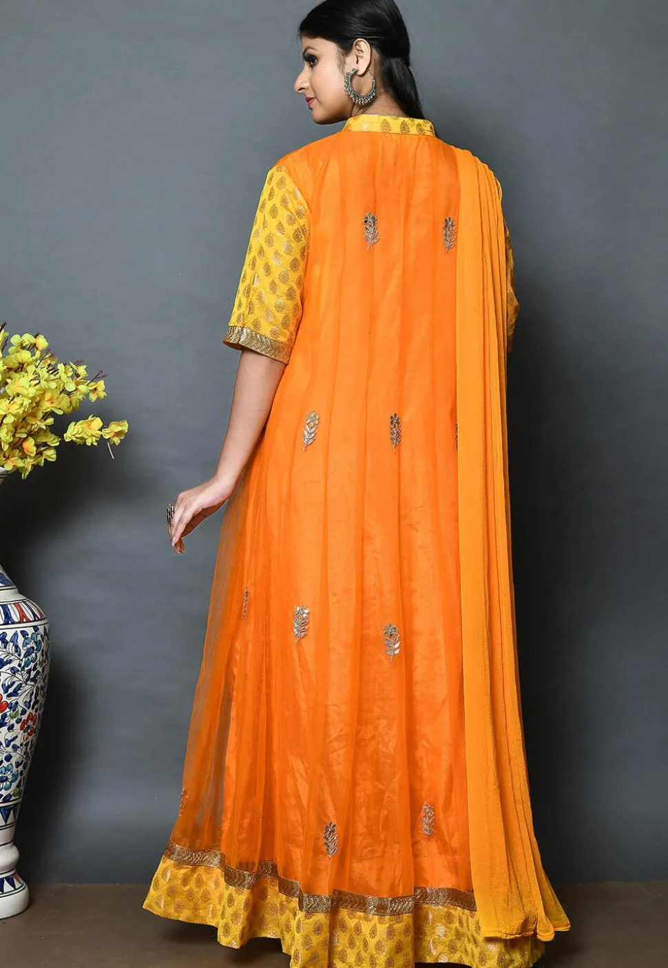 Embroidered Net Abaya Style Suit in Orange