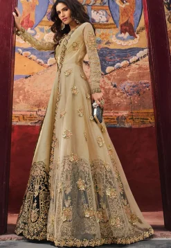 Embroidered Net Abaya Style Suit in Beige