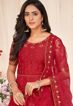 Embroidered Net Abaya Style Suit in Red