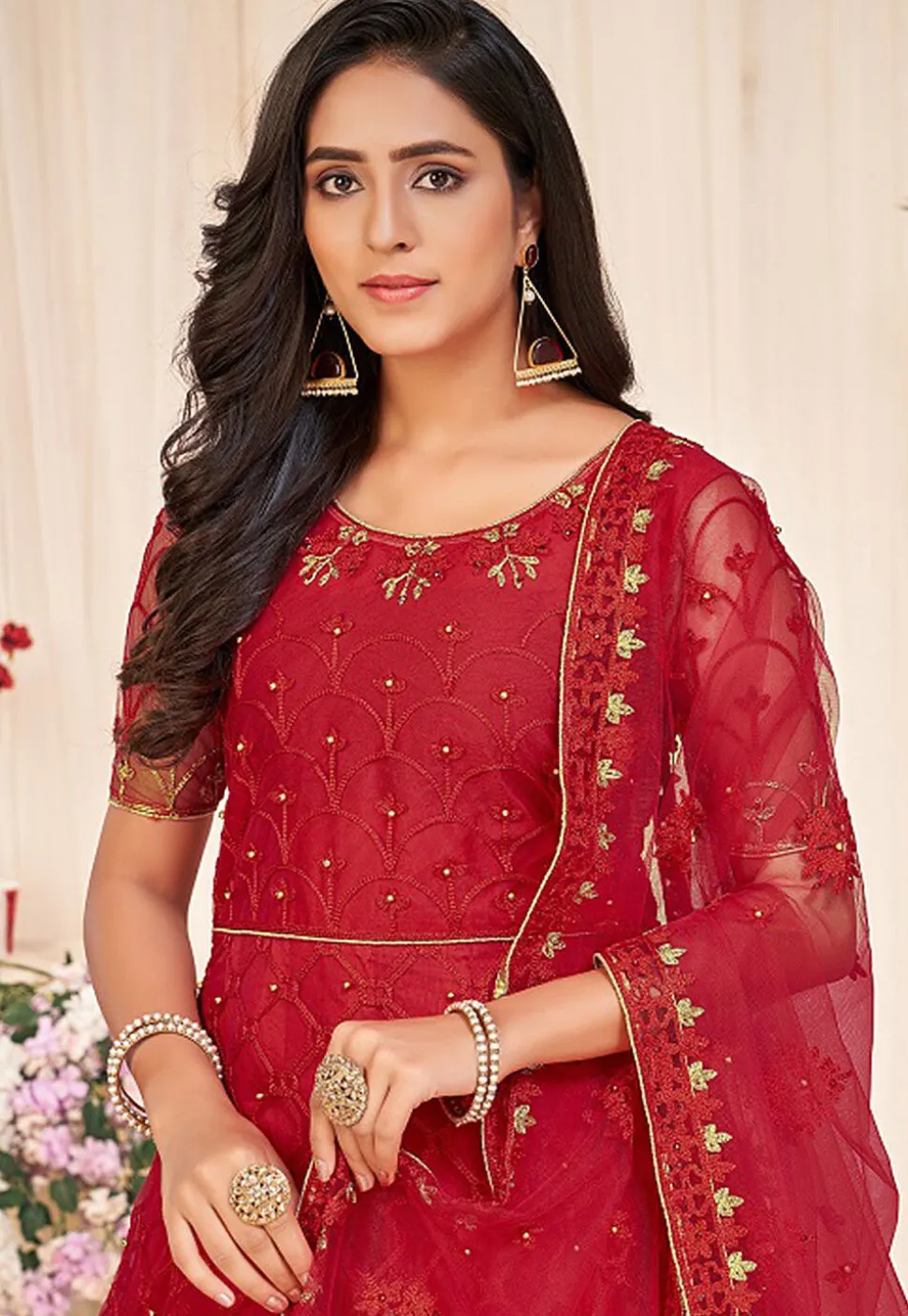 Embroidered Net Abaya Style Suit in Red