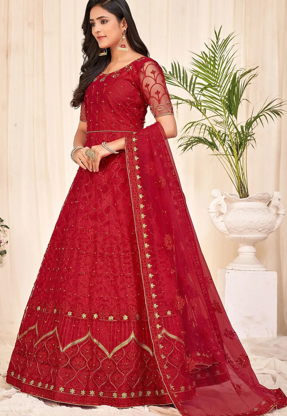 Embroidered Net Abaya Style Suit in Red